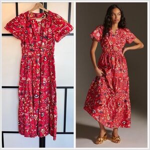 Anthropologie The Somerset Maxi Dress Smocked Floral Mod Print Red - Size SMALL
